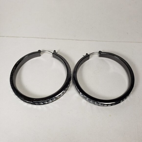 Women's Black Hoop Earrings with Polished Finish and Silver Tone Disc Accents - Picture 6 of 6
